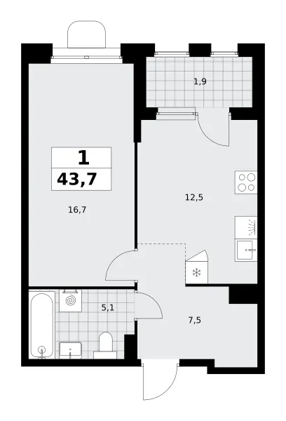 1-комн. 43.7 м²