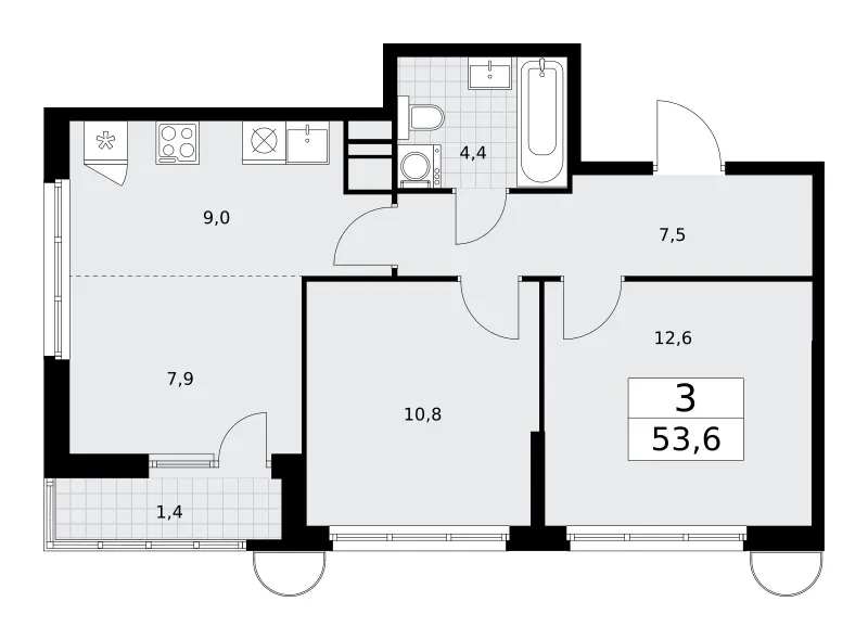 3-комн. 53.6 м²