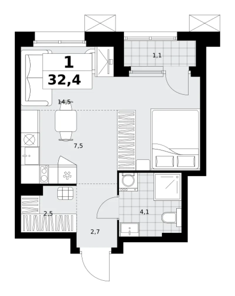 Студия 32.4 м²