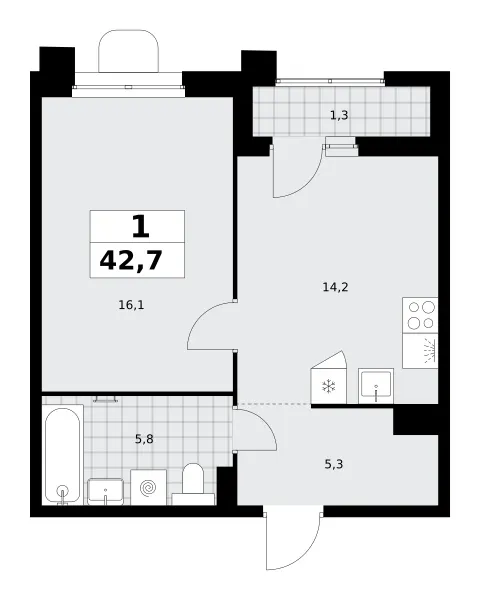 1-комн. 42.7 м²