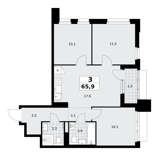 3-комн. 65.9 м²