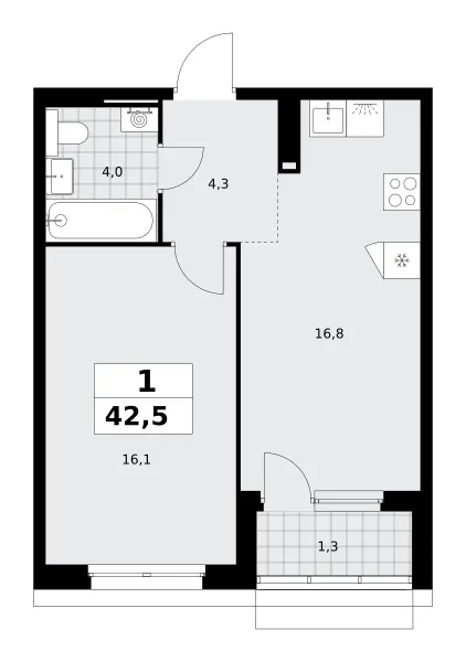 1-комн. 42.5 м²