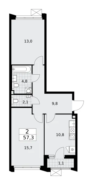 2-комн. 57.3 м²