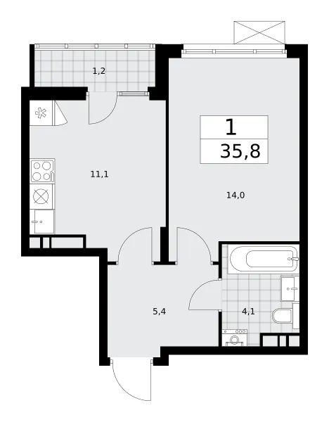 1-комн. 35.8 м²