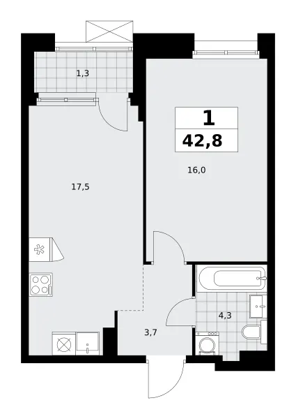 1-комн. 42.8 м²