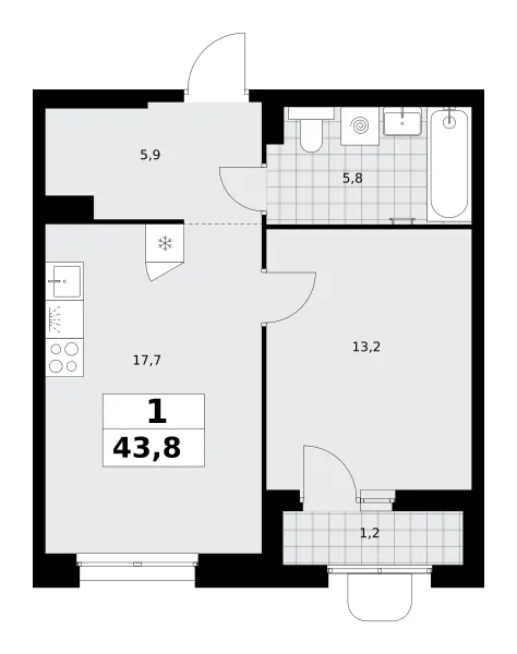 1-комн. 43.8 м²