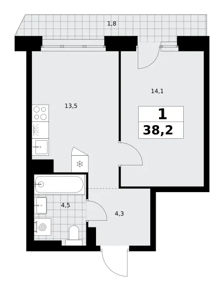 1-комн. 38.2 м²