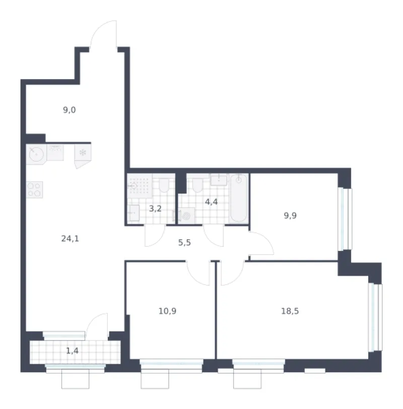 3-комн. 86.9 м²