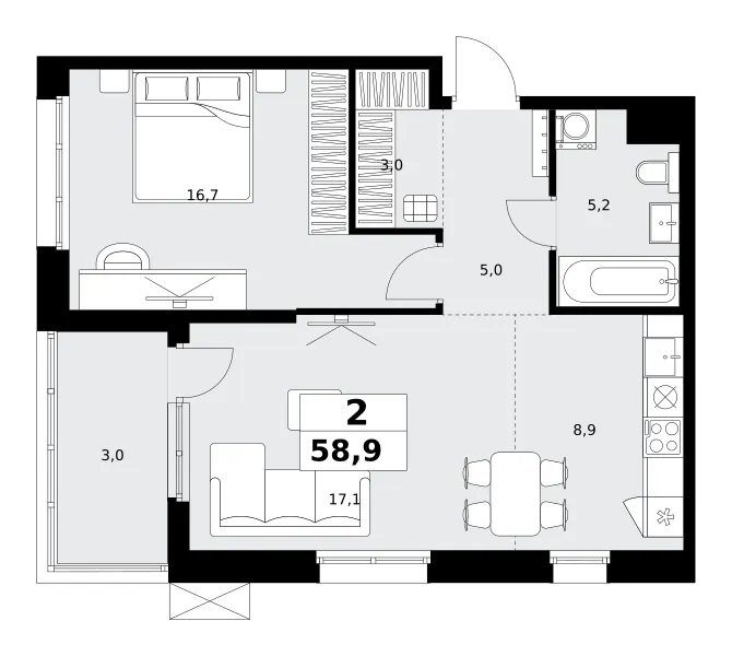2-комн. 58.9 м²
