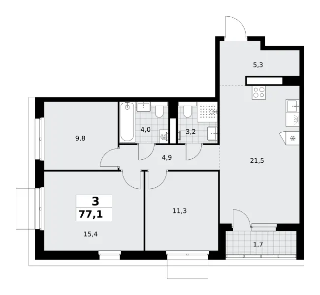 3-комн. 77.1 м²