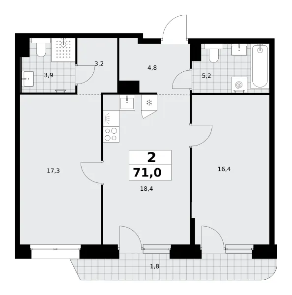 2-комн. 71 м²