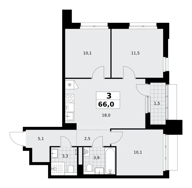 3-комн. 66 м²