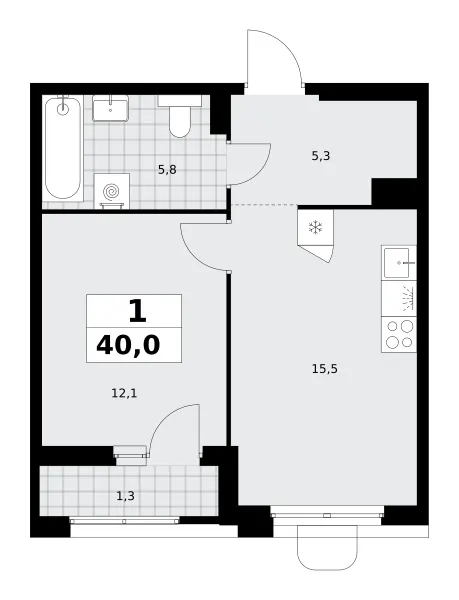 1-комн. 40 м²
