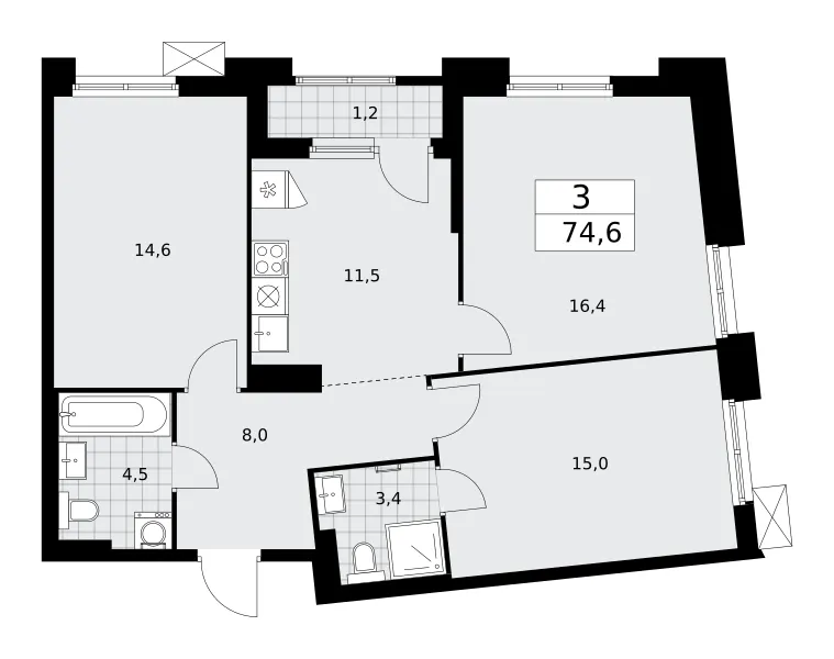 3-комн. 74.6 м²
