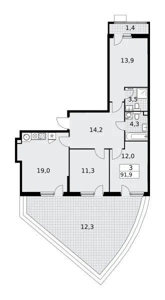 3-комн. 91.9 м²