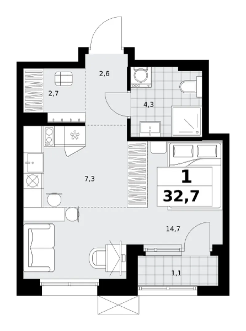 Студия 32.7 м²