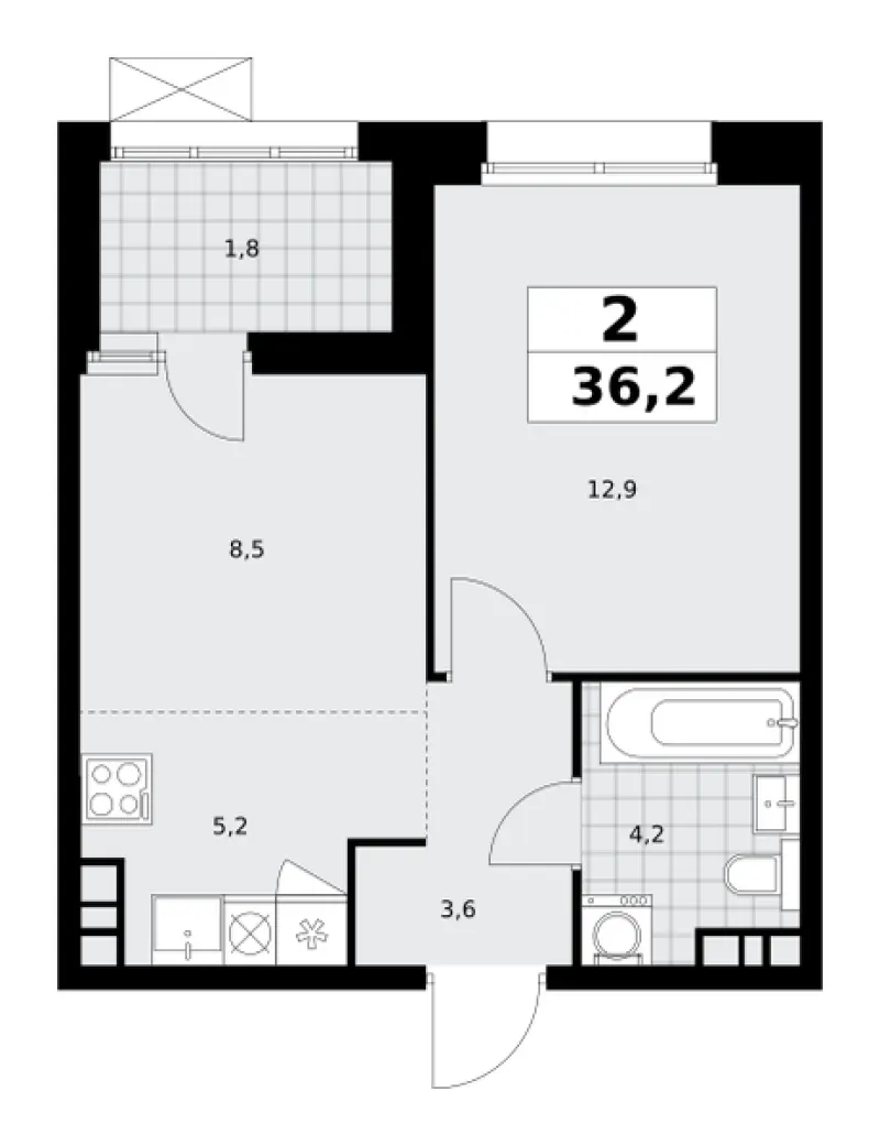 2-комн. 36.1 м²