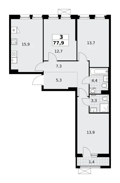 3-комн. 77.9 м²