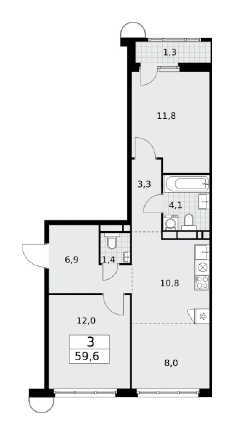 3-комн. 59.6 м²
