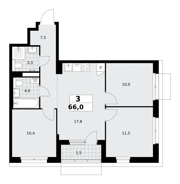 3-комн. 66 м²