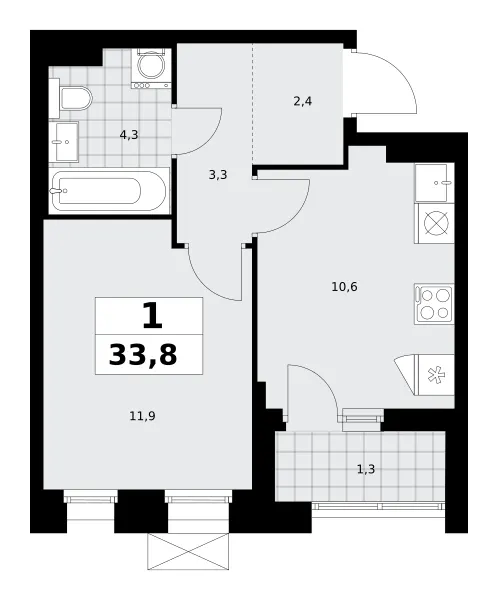1-комн. 33.8 м²