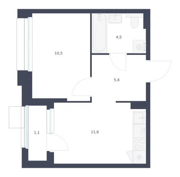 1-комн. 33.1 м²