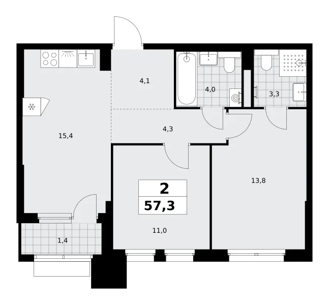 2-комн. 57.3 м²