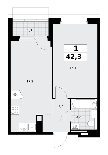 1-комн. 42.3 м²
