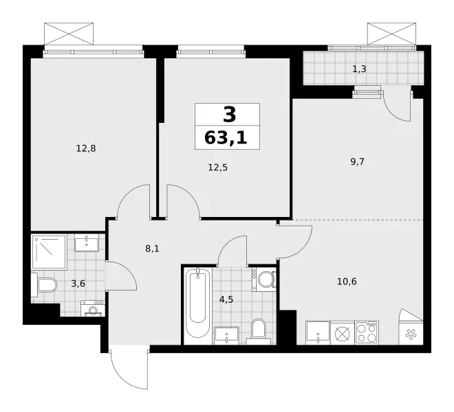 3-комн. 63.2 м²