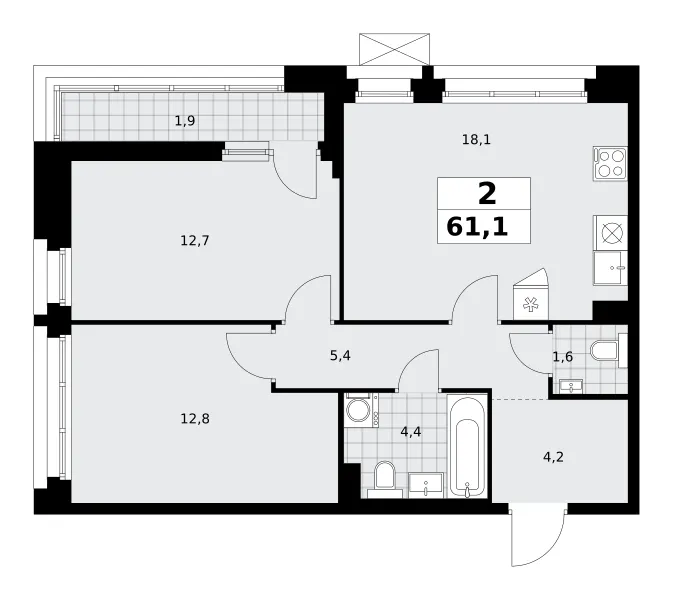 2-комн. 61.1 м²