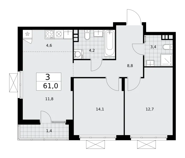 3-комн. 61 м²