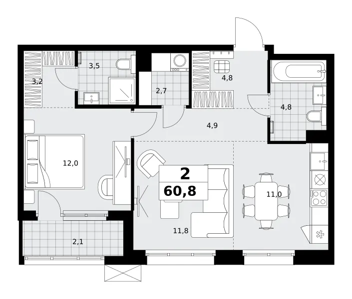 2-комн. 60.8 м²