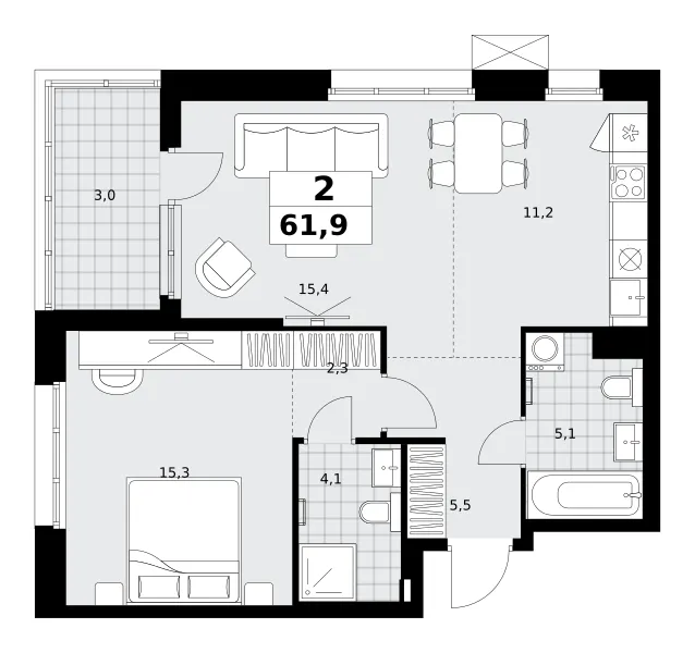 2-комн. 61.9 м²