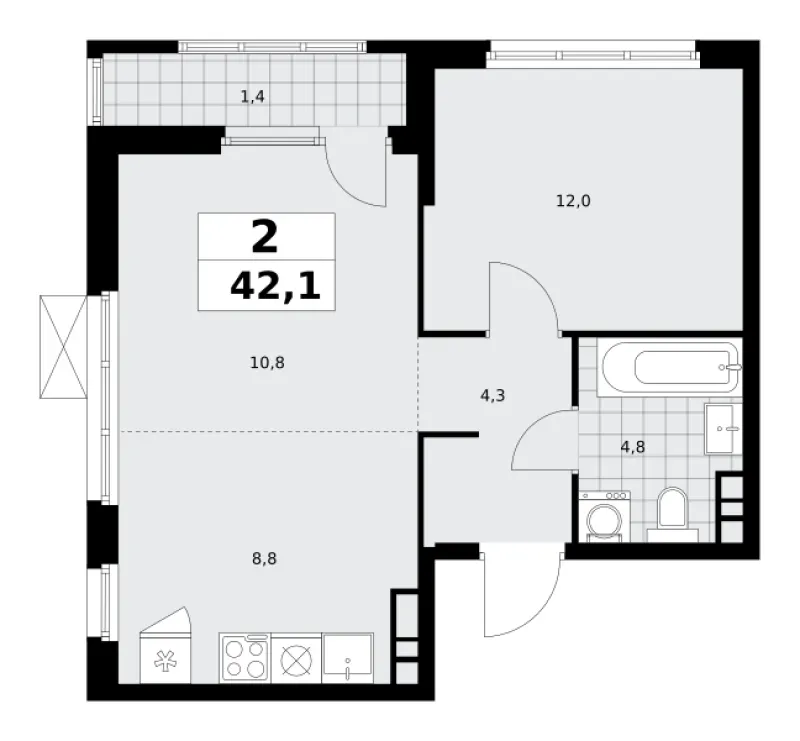 2-комн. 42.1 м²