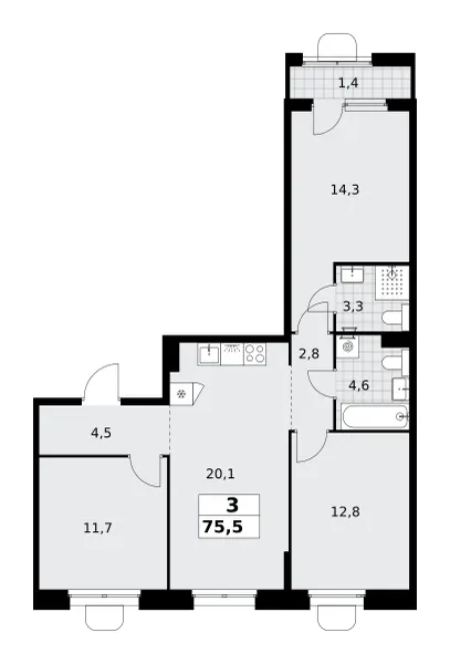 3-комн. 75.5 м²