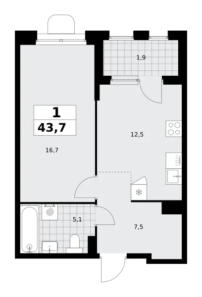 1-комн. 43.7 м²