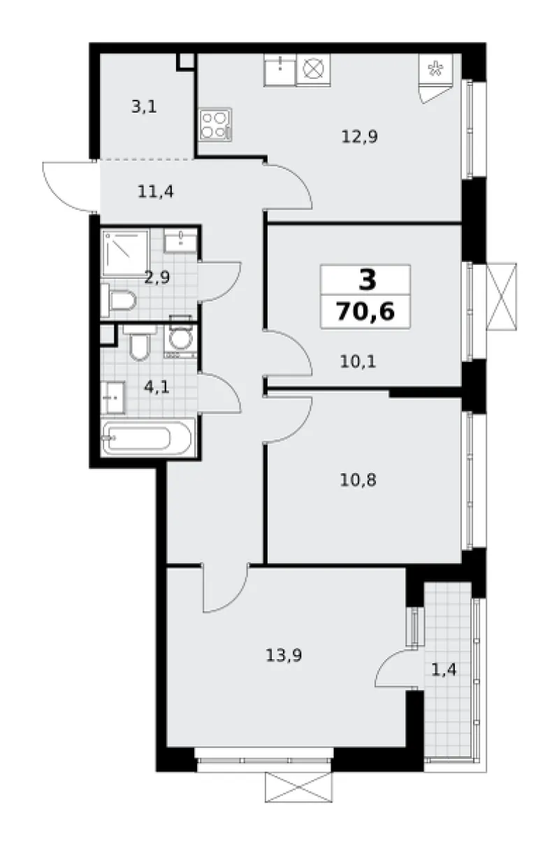 3-комн. 70.6 м²