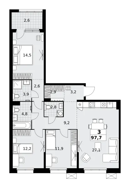 3-комн. 97.7 м²