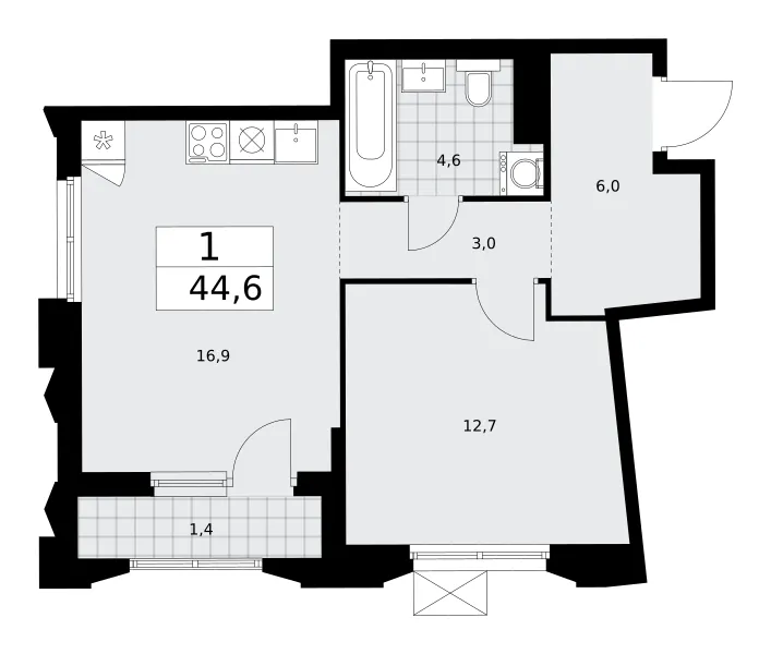 1-комн. 44.6 м²