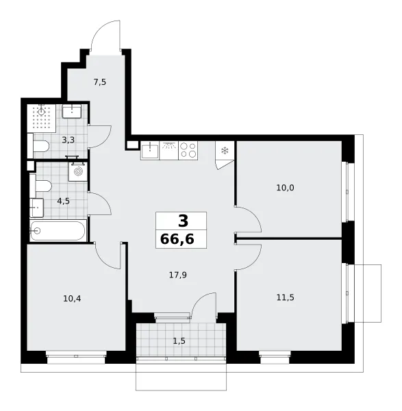 3-комн. 66.6 м²