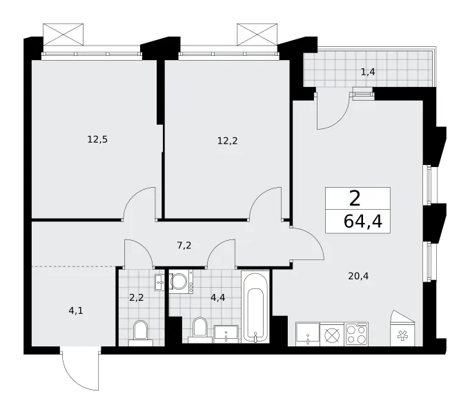 2-комн. 64.4 м²