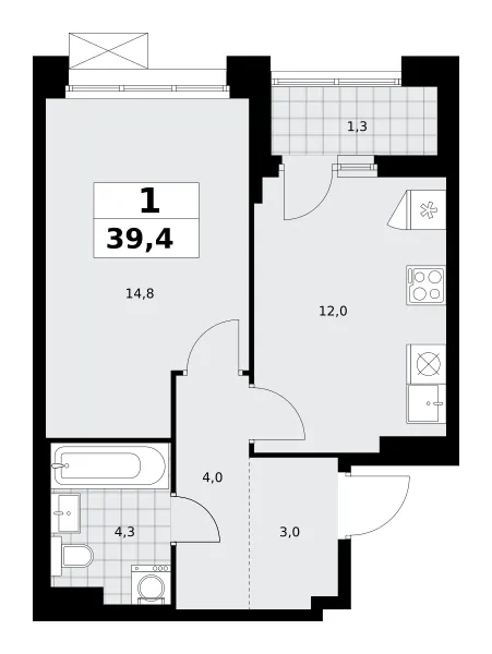 1-комн. 39.4 м²