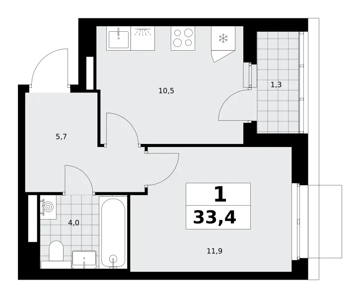 1-комн. 33.4 м²