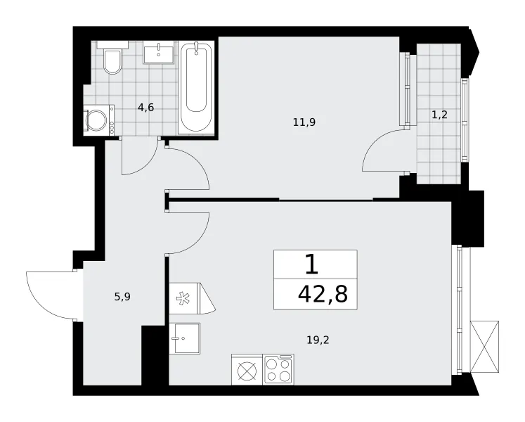 1-комн. 42.8 м²