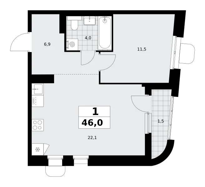 1-комн. 46 м²