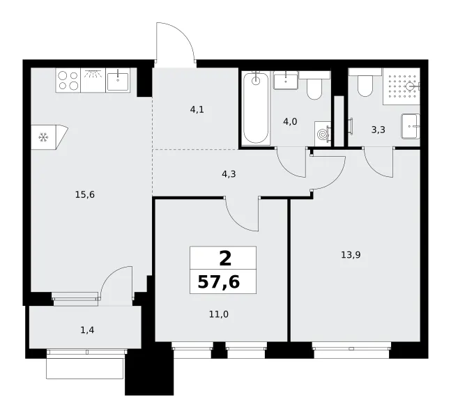 2-комн. 57.6 м²