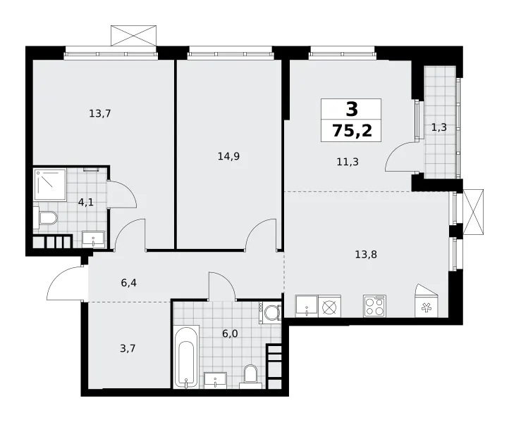 3-комн. 75,2 м²