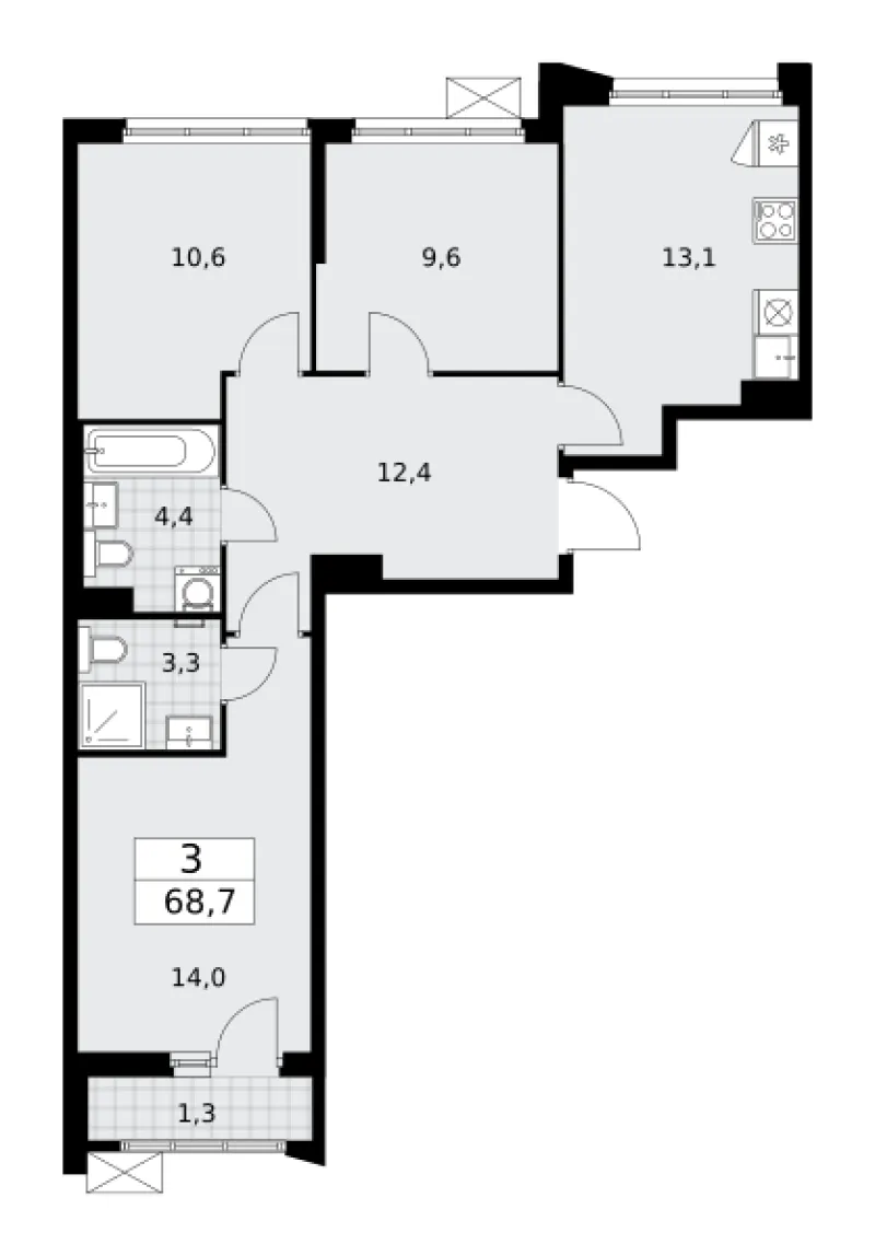 3-комн. 68.7 м²