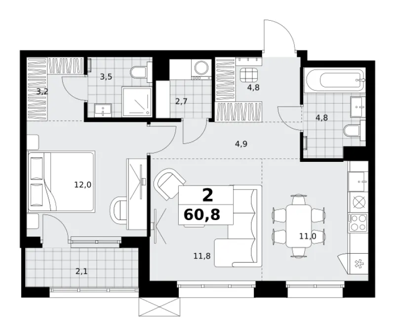 2-комн. 60.8 м²