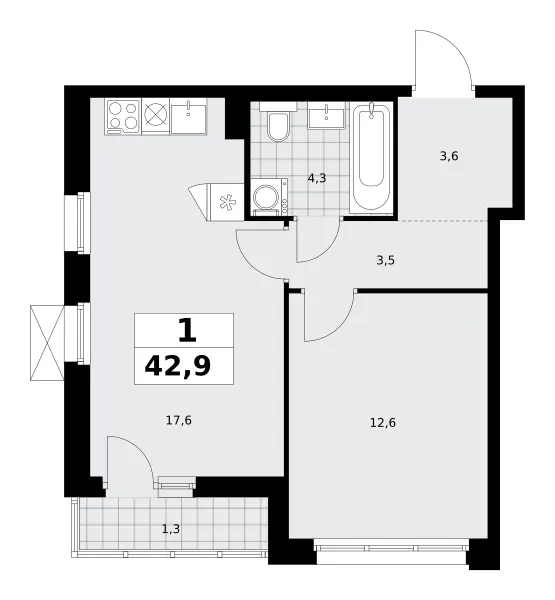 1-комн. 42.9 м²